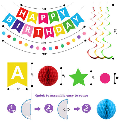 meowtastic Birthday Decorations, Happy Birthday Banner with Honeycomb Balls, Stars Hanging Swirl Streamers, Circle Dots Garland, Happy Birthday Party Decorations for Women Men Boys Girls (Blue)