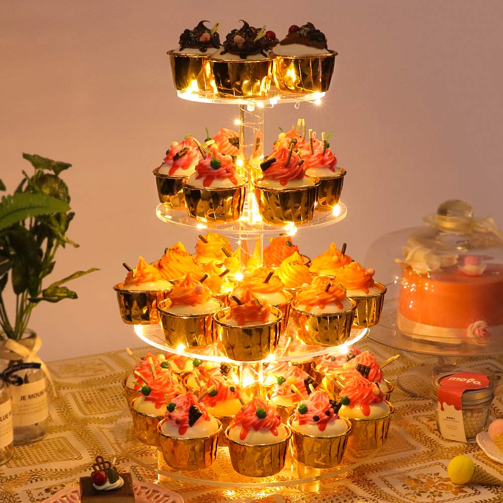 YestBuy 4 Tier Cupcake Stand Acrylic Tower Display with LED Light Premium Holder Dessert Tree Tower for Birthday Cady Bar Décor Weddings, Parties Events (Yellow Light)