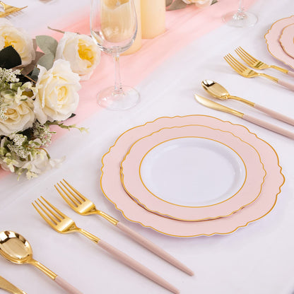 Rubtlamp 90Pcs Gold Plastic Silverware, Gold Plastic Utensils With Pink Handles Include 30 Plastic Gold Knives, 60 Plastic Forks and Spoons, Pink Plastic Silverware Heavy Duty For Party, Vlentines Day