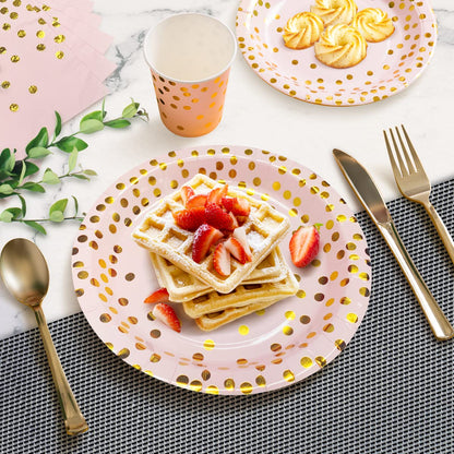 HOMIX 175 Piece Gold Party Supplies Set Serves 25 - Gold Paper Plates Napkins Cups with Gold Plastic Silverware Sets for Wedding Bridal Shower Baby Shower Holiday Parties