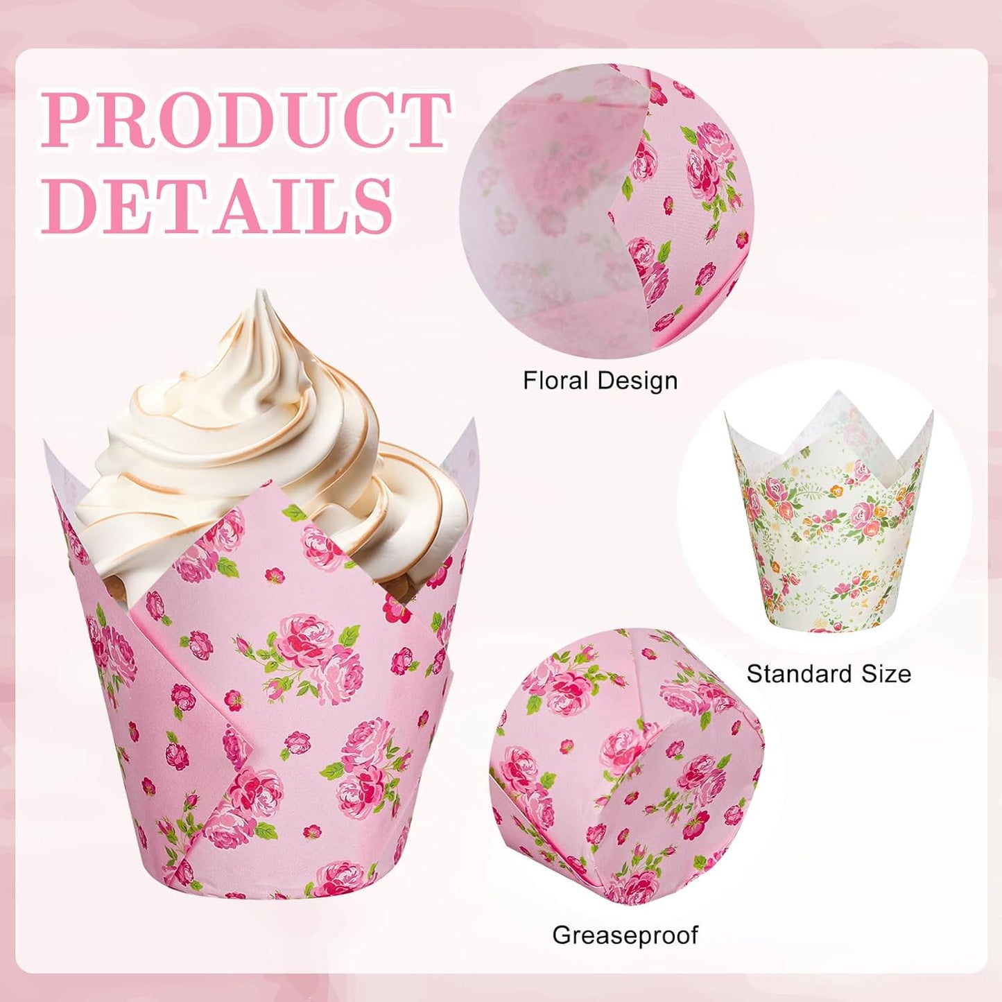 Whaline 180Pcs Spring Floral Tulip Cupcake Liners Greaseproof Muffin Baking Liners Pink Flower Tulip Cupcake Wrappers Baking Cup for Wedding Bridal Shower Birthday Tea Party Decor