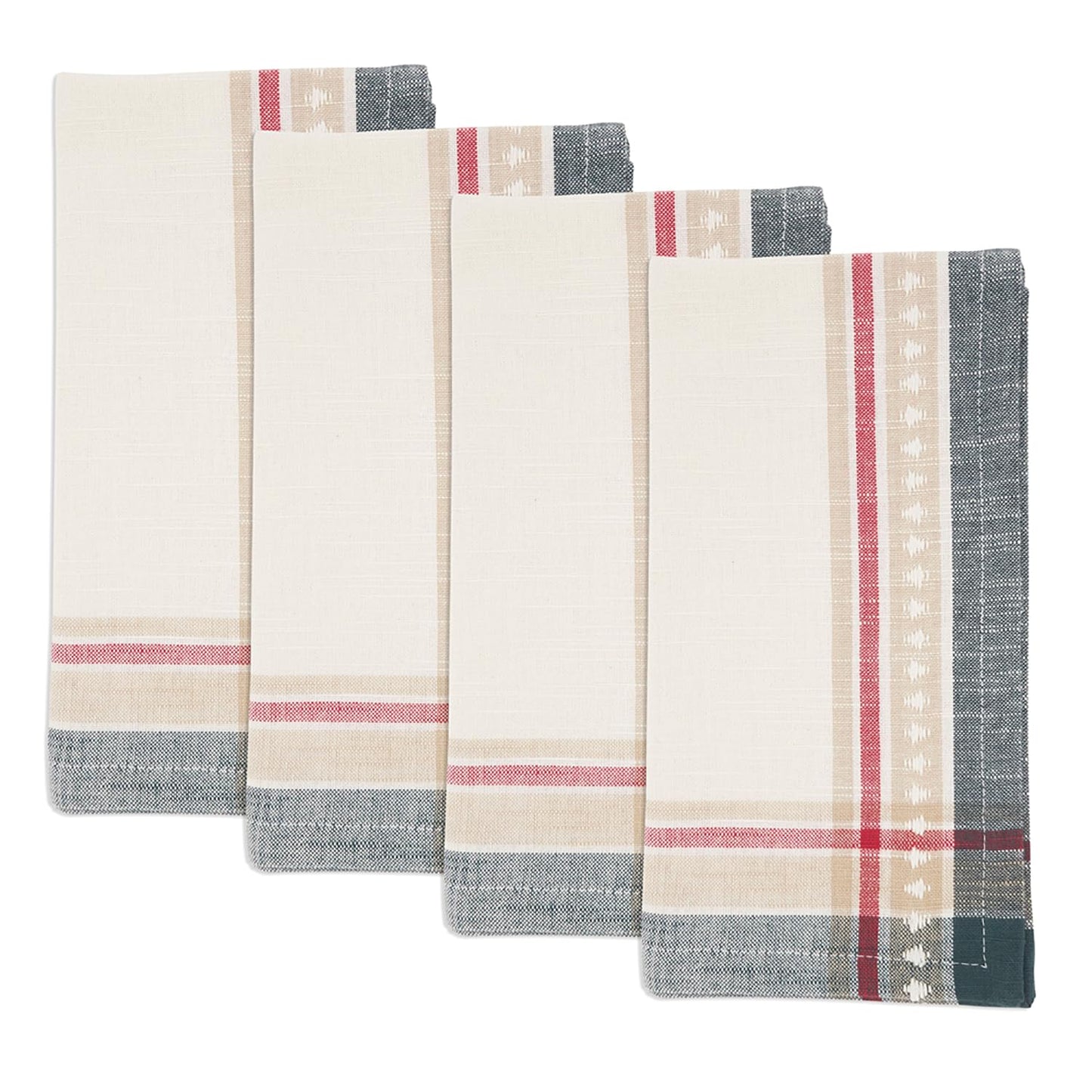 Four folded woven napkins arranged in a staggered stack on a white background. The napkins feature a cream body with a vertical plaid stripe pattern in dusty red, beige, gray, and a dark teal accent.
