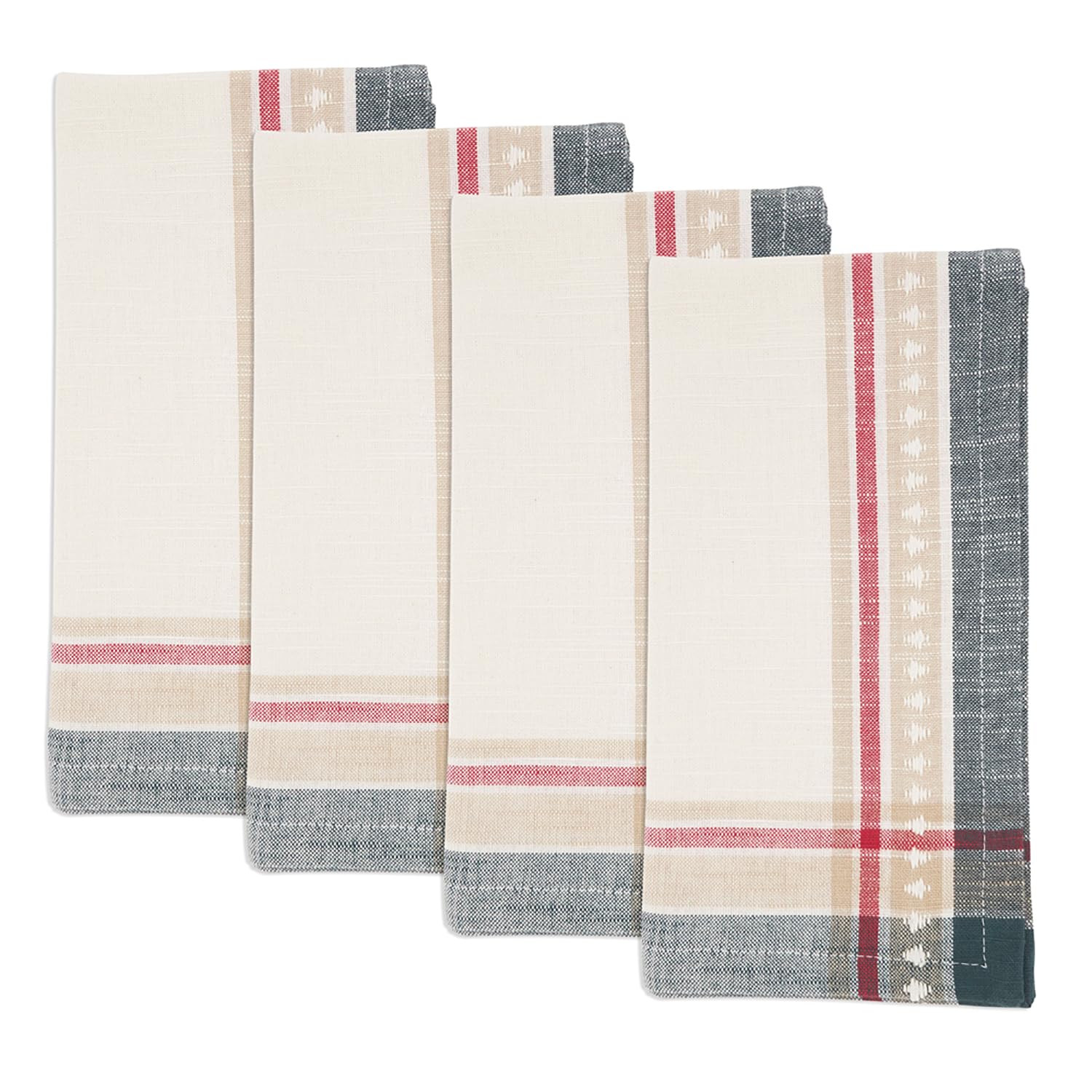 Four folded woven napkins arranged in a staggered stack on a white background. The napkins feature a cream body with a vertical plaid stripe pattern in dusty red, beige, gray, and a dark teal accent.