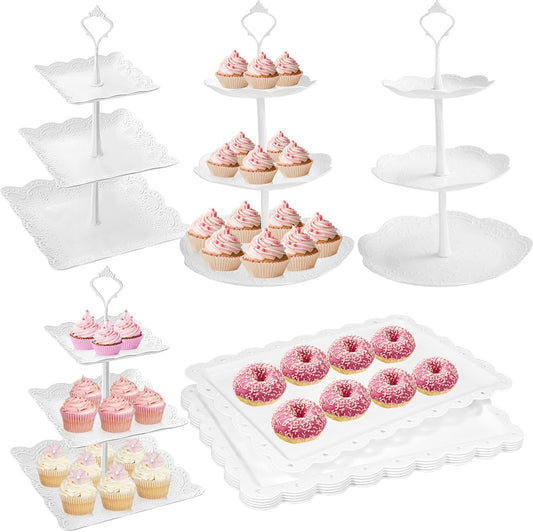 10 Pcs Cake Stand White Plastic Dessert Table Stand Set 4 Pcs 3 Tired Cupcake Display Stands Cookie Tray Rack Serving Tray Cake Display Tower and 6 Pcs Dessert Trays for Wedding Baby Shower Tea Party