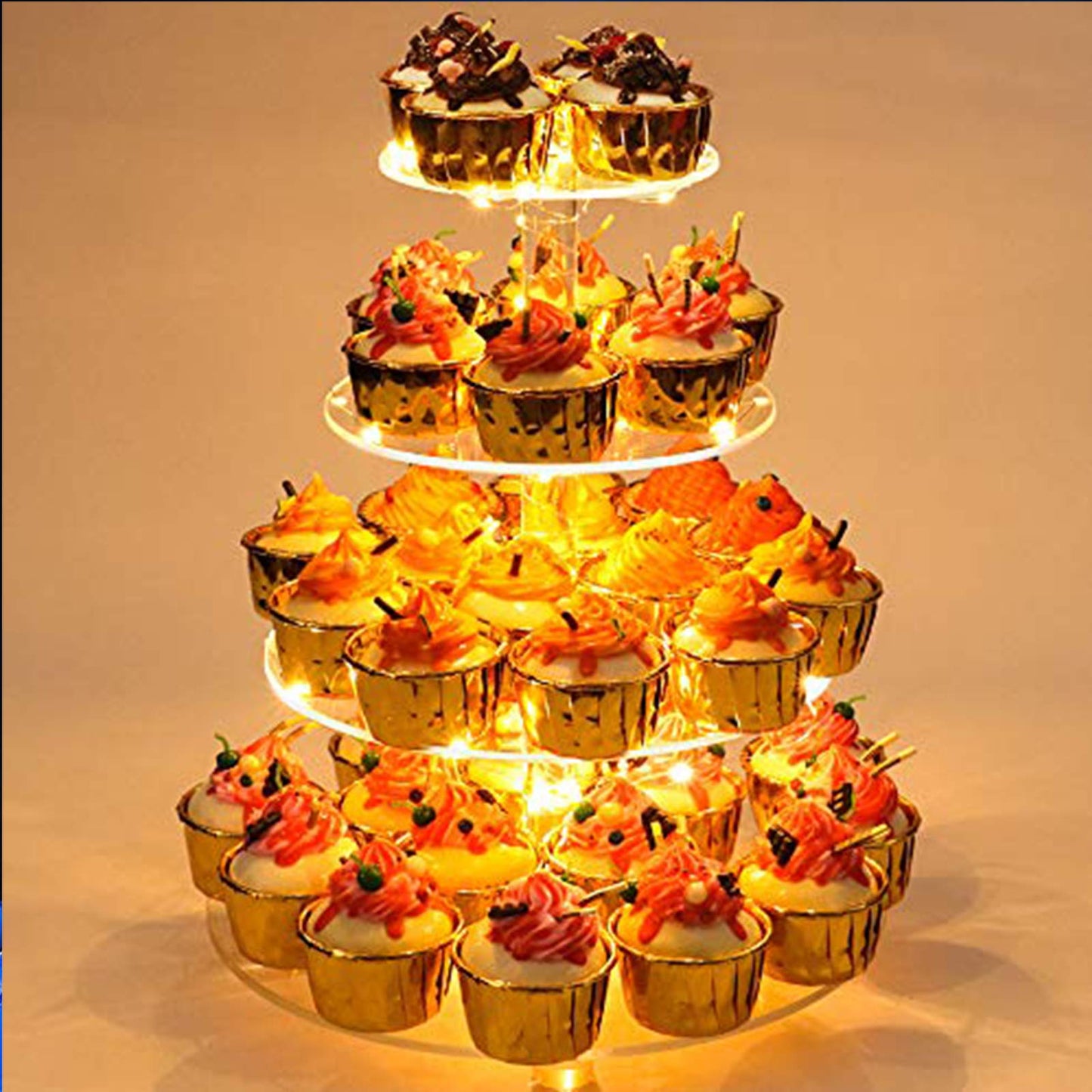 YestBuy 4 Tier Cupcake Stand Acrylic Tower Display with LED Light Premium Holder Dessert Tree Tower for Birthday Cady Bar Décor Weddings, Parties Events (Yellow Light)