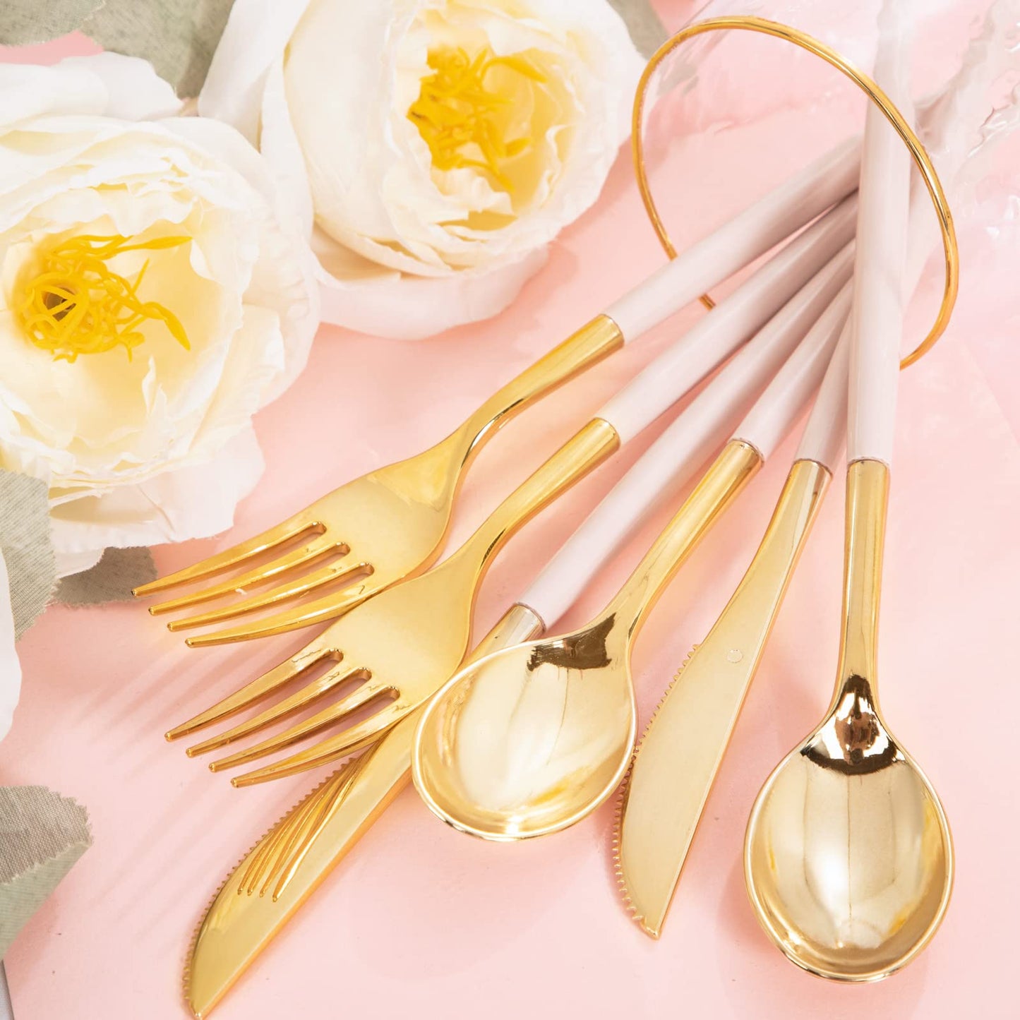 Rubtlamp 90Pcs Gold Plastic Silverware, Gold Plastic Utensils With Pink Handles Include 30 Plastic Gold Knives, 60 Plastic Forks and Spoons, Pink Plastic Silverware Heavy Duty For Party, Vlentines Day