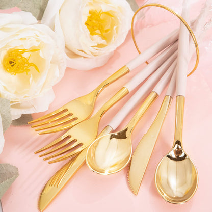 Rubtlamp 90Pcs Gold Plastic Silverware, Gold Plastic Utensils With Pink Handles Include 30 Plastic Gold Knives, 60 Plastic Forks and Spoons, Pink Plastic Silverware Heavy Duty For Party, Vlentines Day