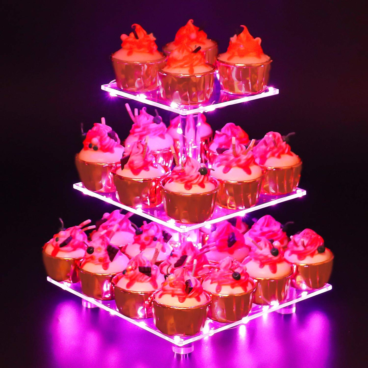 YestBuy 4 Tier Cupcake Stand Acrylic Tower Display with LED Light Premium Holder Dessert Tree Tower for Birthday Cady Bar Décor Weddings, Parties Events (Yellow Light)