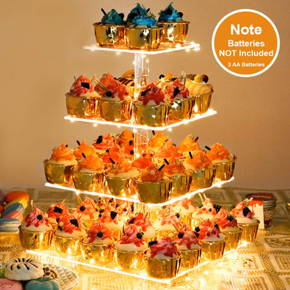 YestBuy 4 Tier Cupcake Stand Acrylic Tower Display with LED Light Premium Holder Dessert Tree Tower for Birthday Cady Bar Décor Weddings, Parties Events (Yellow Light)