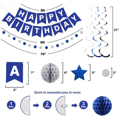 meowtastic Birthday Decorations, Happy Birthday Banner with Honeycomb Balls, Stars Hanging Swirl Streamers, Circle Dots Garland, Happy Birthday Party Decorations for Women Men Boys Girls (Blue)