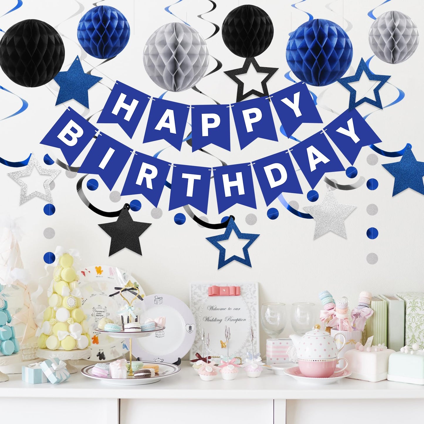 meowtastic Birthday Decorations, Happy Birthday Banner with Honeycomb Balls, Stars Hanging Swirl Streamers, Circle Dots Garland, Happy Birthday Party Decorations for Women Men Boys Girls (Blue)