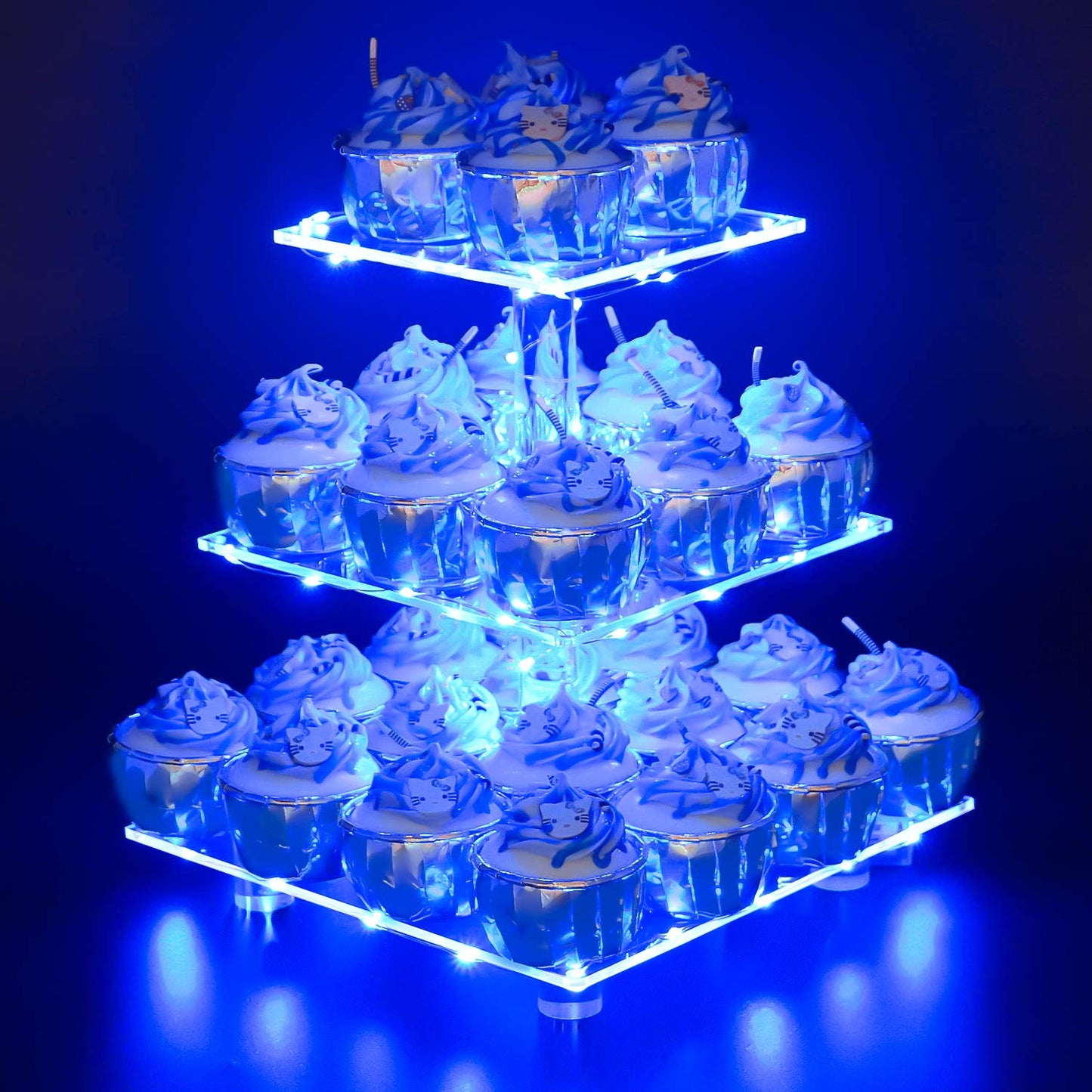 YestBuy 4 Tier Cupcake Stand Acrylic Tower Display with LED Light Premium Holder Dessert Tree Tower for Birthday Cady Bar Décor Weddings, Parties Events (Yellow Light)