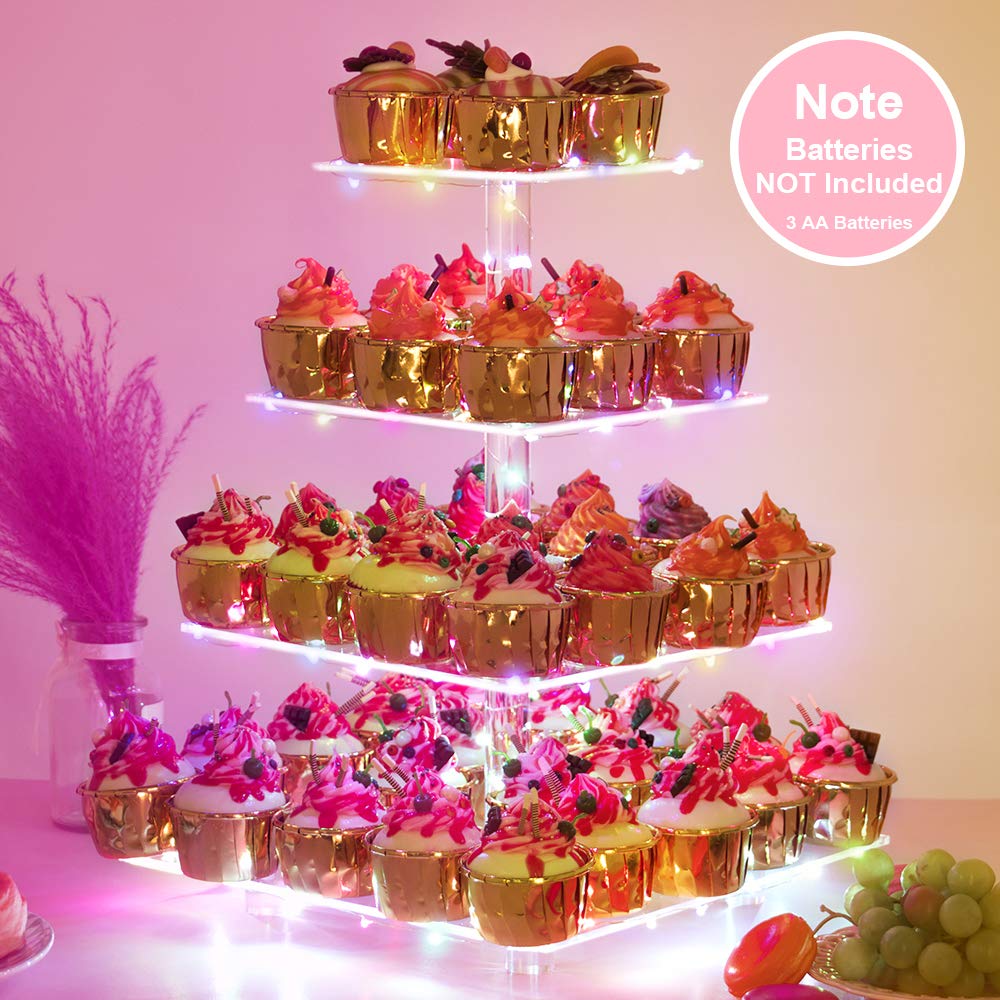 YestBuy 4 Tier Cupcake Stand Acrylic Tower Display with LED Light Premium Holder Dessert Tree Tower for Birthday Cady Bar Décor Weddings, Parties Events (Yellow Light)