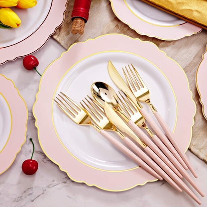 WDF 30Guest Pink Plastic Plates & Pink Christmas Plates - Gold Plastic Silverware With Pink Handle-Baroque Pink &Gold Plastic Dinnerware for Upscale Wedding &Parties