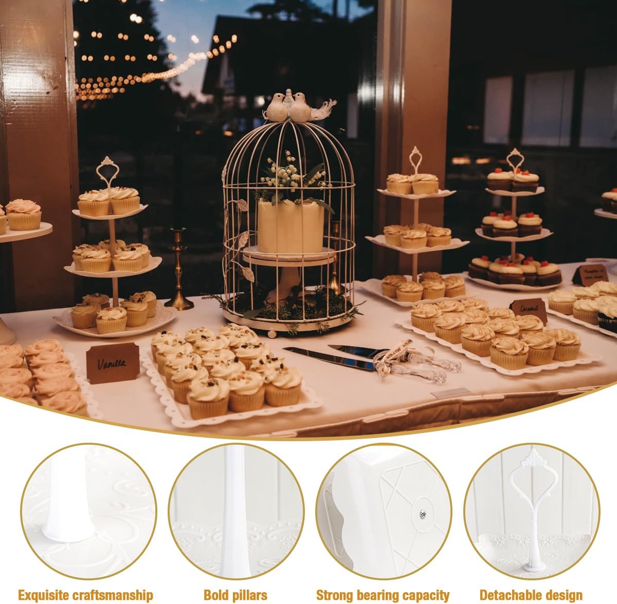 10 Pcs Cake Stand White Plastic Dessert Table Stand Set 4 Pcs 3 Tired Cupcake Display Stands Cookie Tray Rack Serving Tray Cake Display Tower and 6 Pcs Dessert Trays for Wedding Baby Shower Tea Party