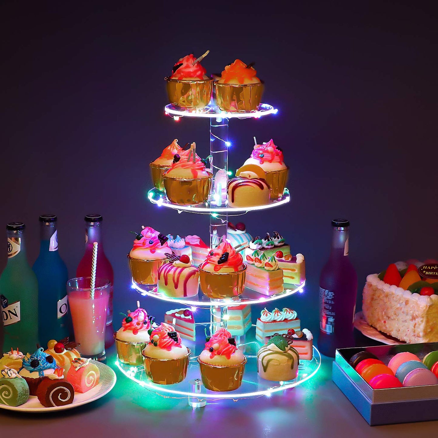 YestBuy 4 Tier Cupcake Stand Acrylic Tower Display with LED Light Premium Holder Dessert Tree Tower for Birthday Cady Bar Décor Weddings, Parties Events (Yellow Light)