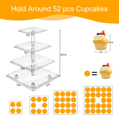 YestBuy 4 Tier Cupcake Stand Acrylic Tower Display with LED Light Premium Holder Dessert Tree Tower for Birthday Cady Bar Décor Weddings, Parties Events (Yellow Light)