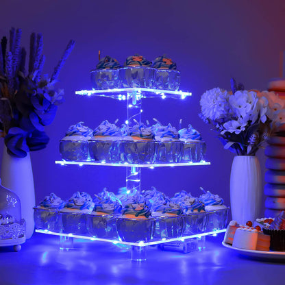 YestBuy 4 Tier Cupcake Stand Acrylic Tower Display with LED Light Premium Holder Dessert Tree Tower for Birthday Cady Bar Décor Weddings, Parties Events (Yellow Light)