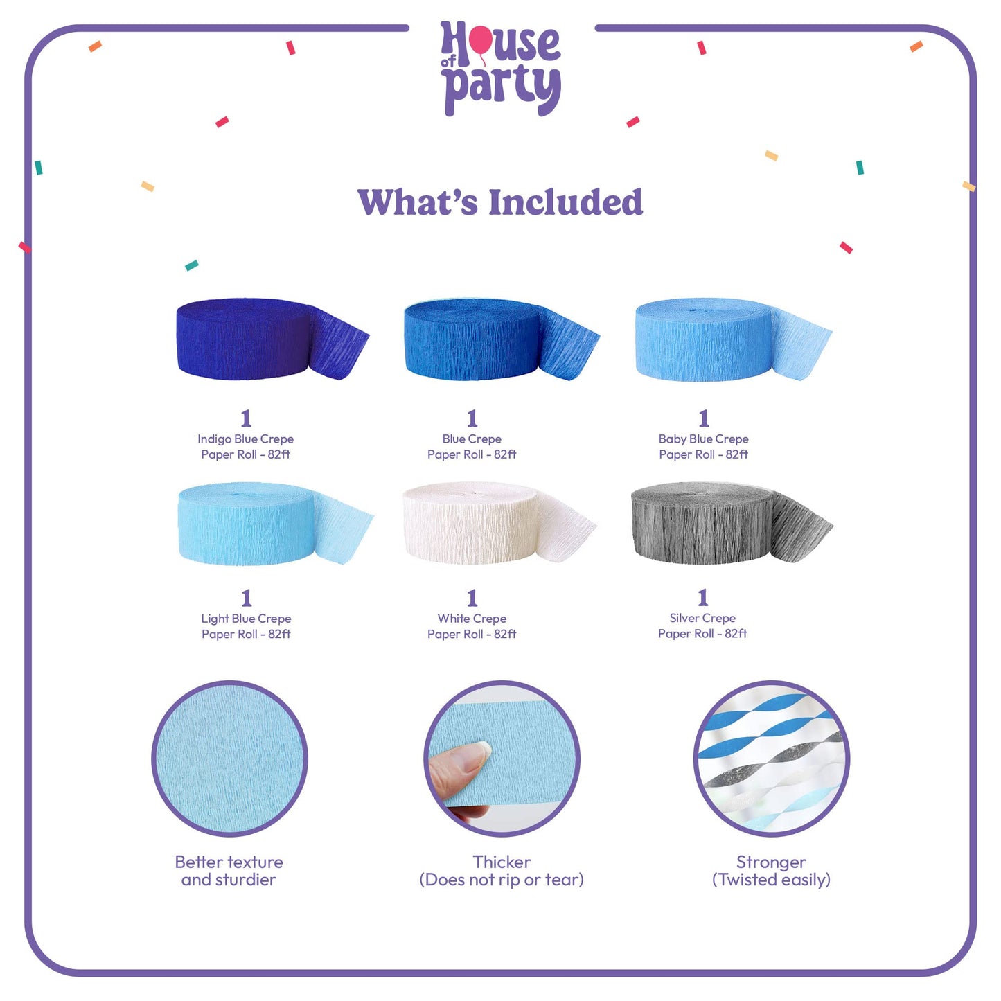 HOUSE OF PARTY Blue Skies Crepe Paper Streamers 6 Crepe Paper Rolls 492ft (1.8 Inch x 82 Ft/Roll) - Pack of 4 Shades of Blue, 1 Silver, 1 White Streamers Party Decorations