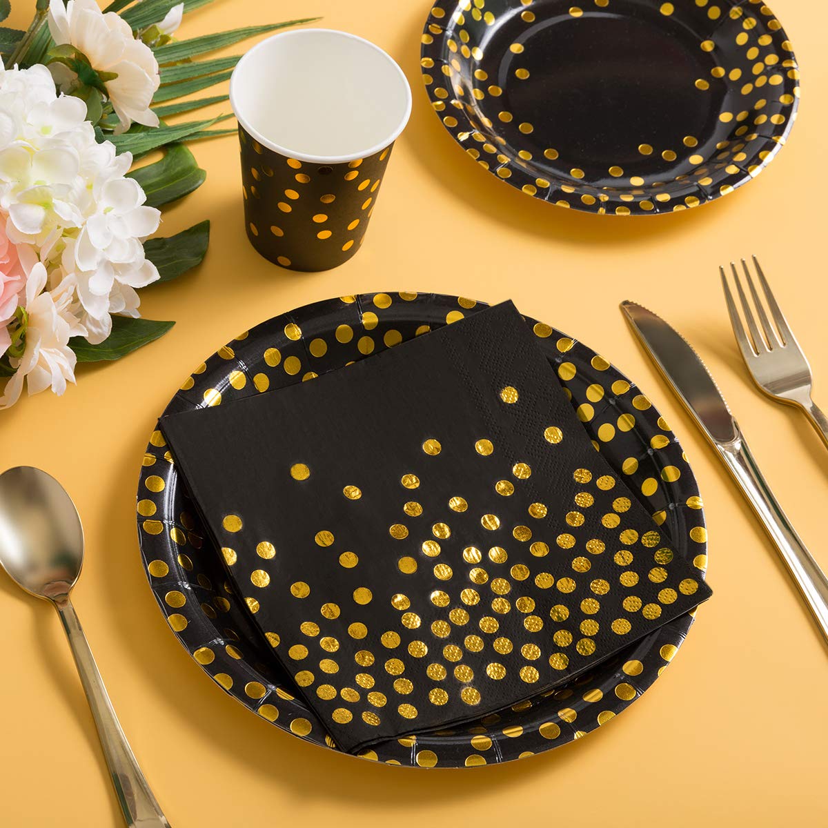 HOMIX 175 Piece Gold Party Supplies Set Serves 25 - Gold Paper Plates Napkins Cups with Gold Plastic Silverware Sets for Wedding Bridal Shower Baby Shower Holiday Parties