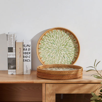 Round Rattan Tray with Mother of Pearl Inlay, Rattan Serving Tray with Wooden Base, Decorative Wicker Basket for Table Decor, Storage and Display of Coffee Bread Food Fruit (Plume)