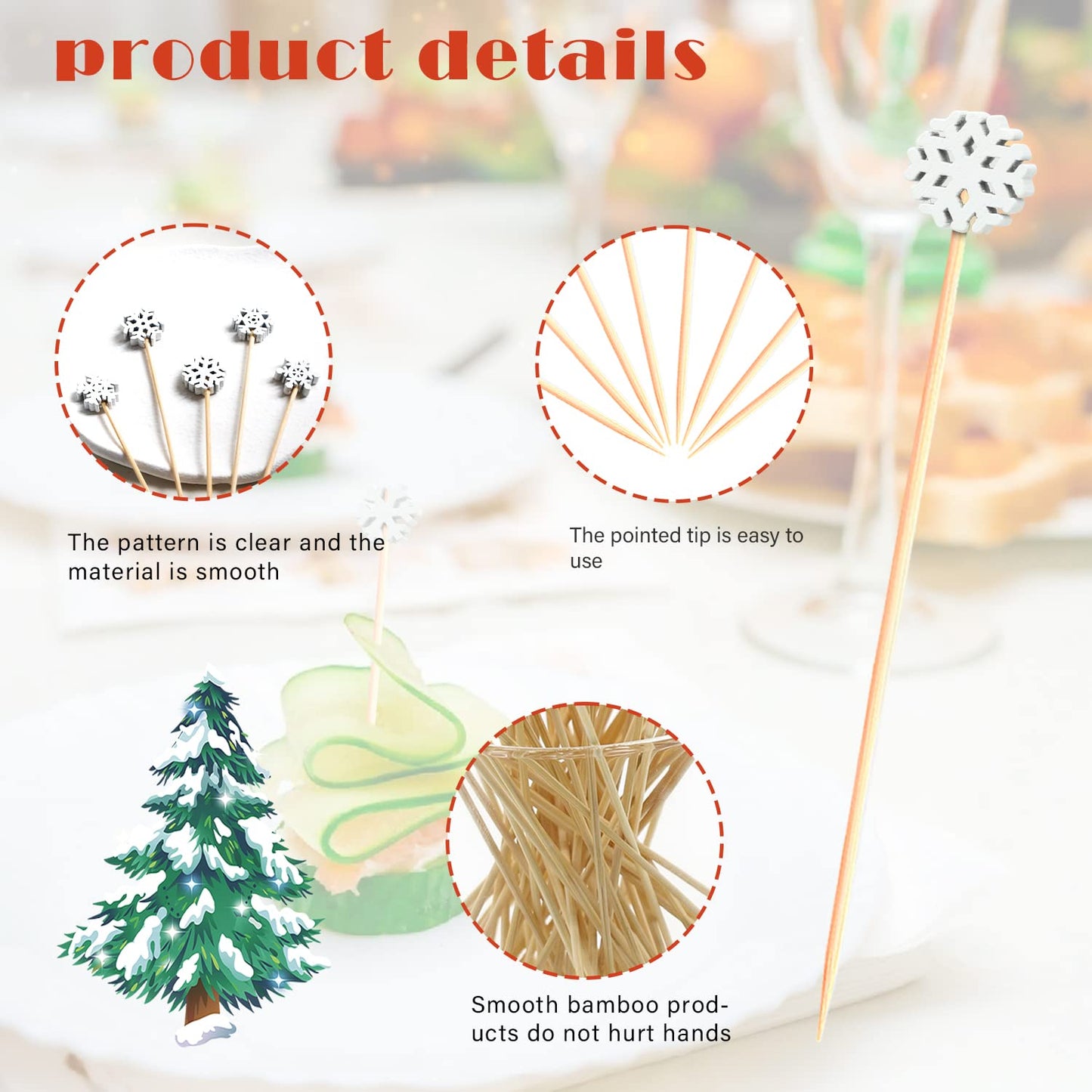 Snowflake Cocktail Picks Food Toothpicks Fruit Dessert Sticks Sandwich Appetizer Charcuterie Skewers for Winter Snow Frozen Decorations Christmas Party Supplies, 4.9", 100 Count