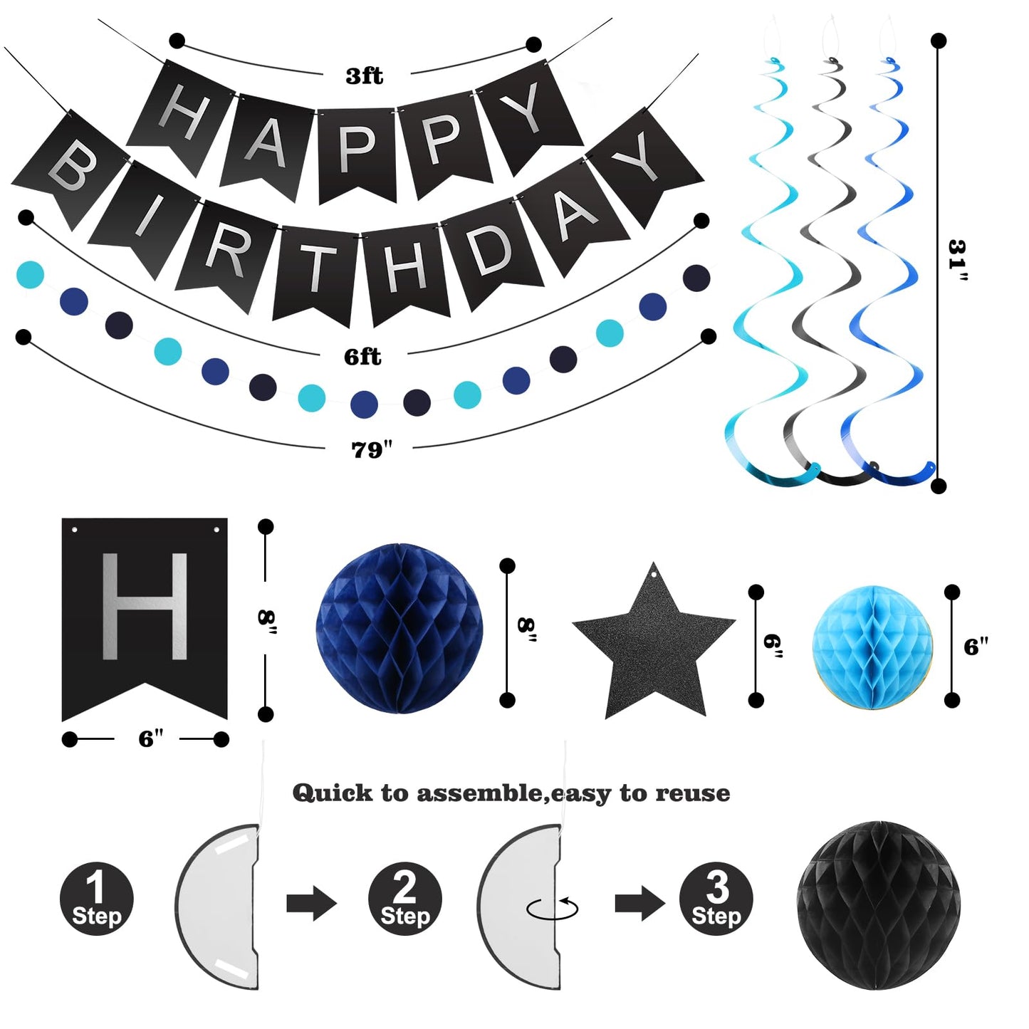 meowtastic Birthday Decorations, Happy Birthday Banner with Honeycomb Balls, Stars Hanging Swirl Streamers, Circle Dots Garland, Happy Birthday Party Decorations for Women Men Boys Girls (Blue)