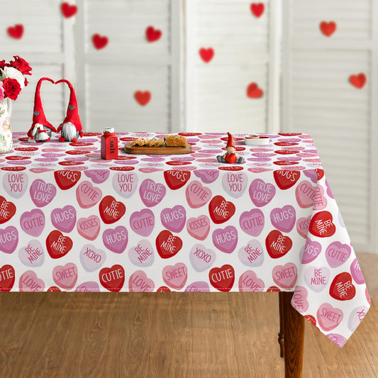 Horaldaily Valentine's Day Tablecloth 60×84 Inch Rectangle, Pink Colored Love Hearts with Words Washable Table Cover for Party Picnic Dinner Decor