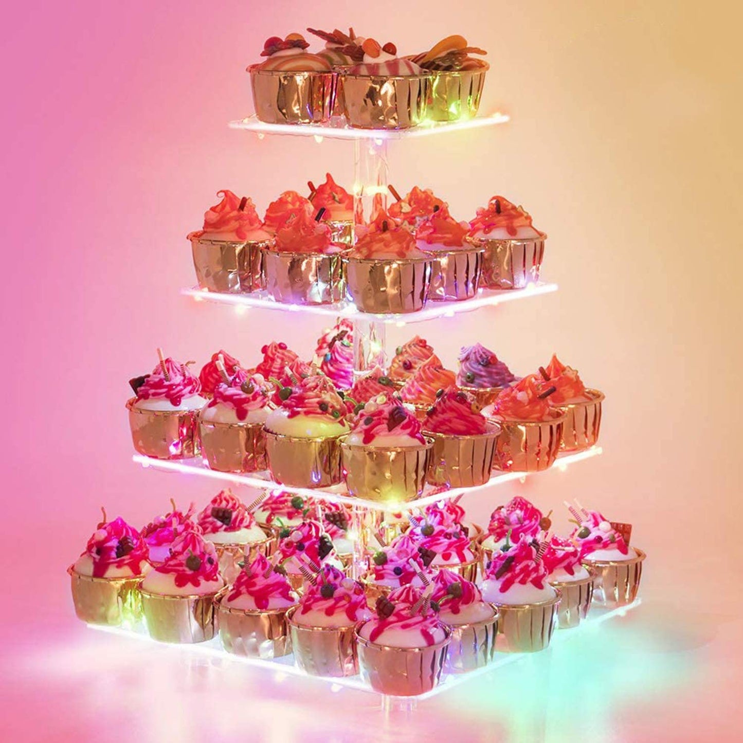 YestBuy 4 Tier Cupcake Stand Acrylic Tower Display with LED Light Premium Holder Dessert Tree Tower for Birthday Cady Bar Décor Weddings, Parties Events (Yellow Light)