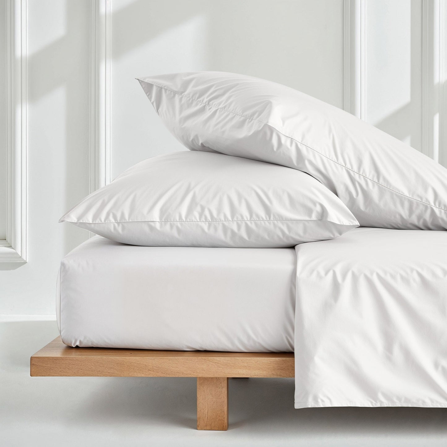 White bedding set on a wooden bed frame against a white wall