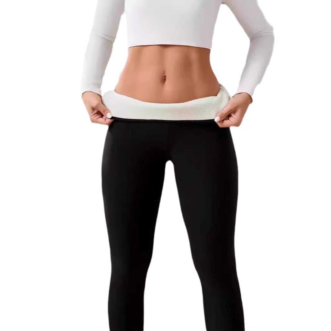 Black fabric leggings with a thick white fleece lining folded down at the waistband.