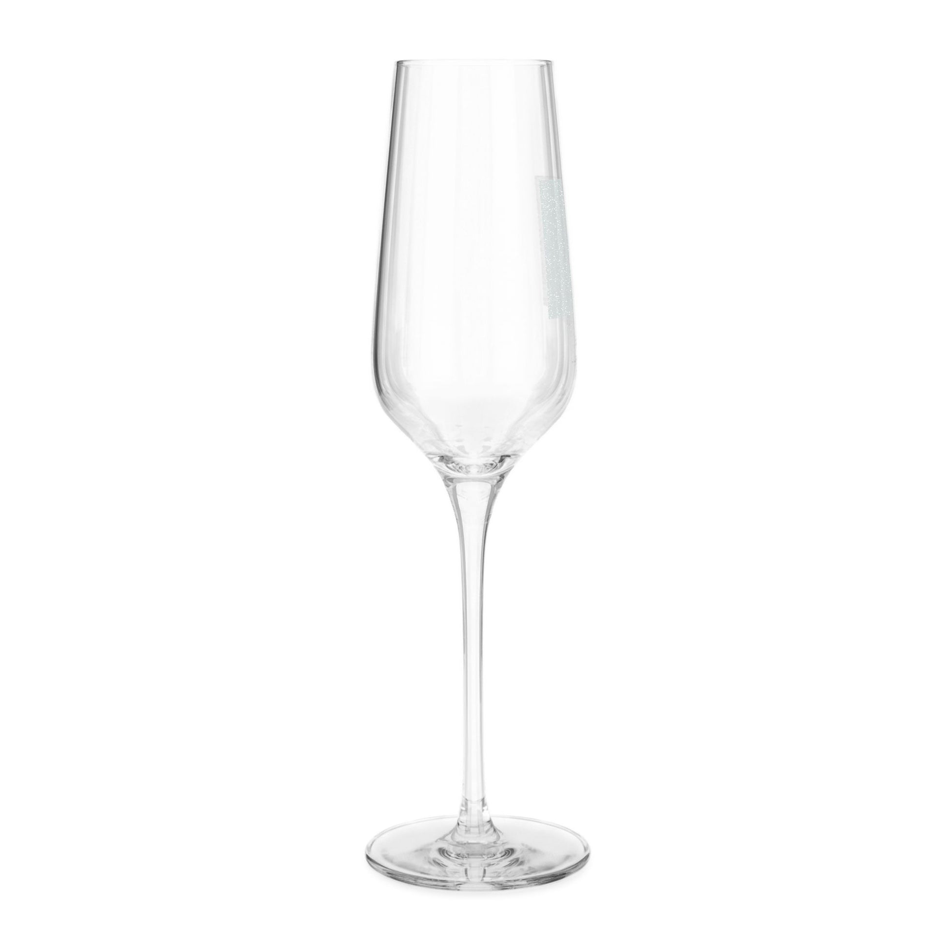 A clear glass champagne flute with a long stem and a flared bowl, shown against a plain white background.