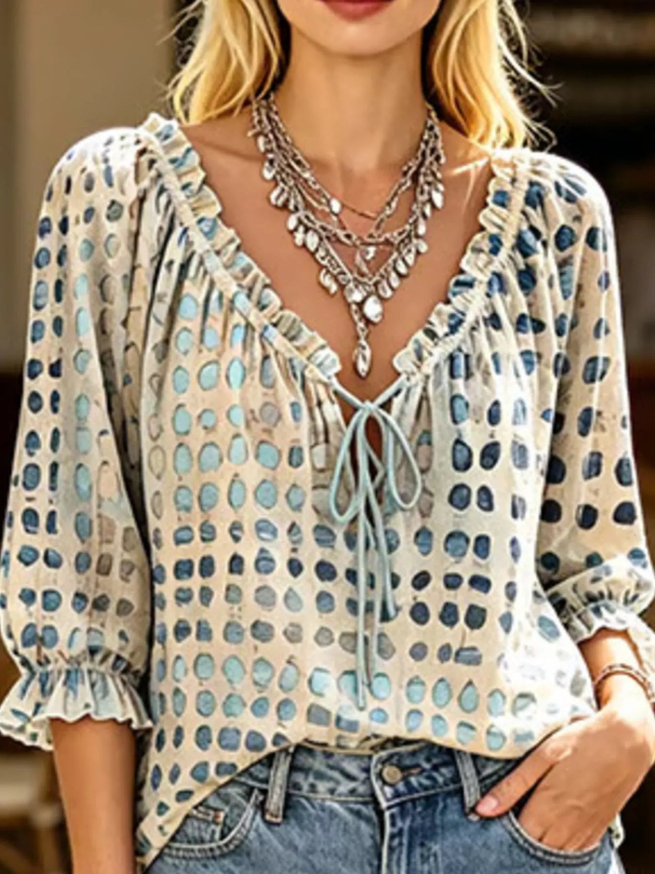 Any Season Tie Neck 3/4 Sleeve Blouse Misses and Plus Size