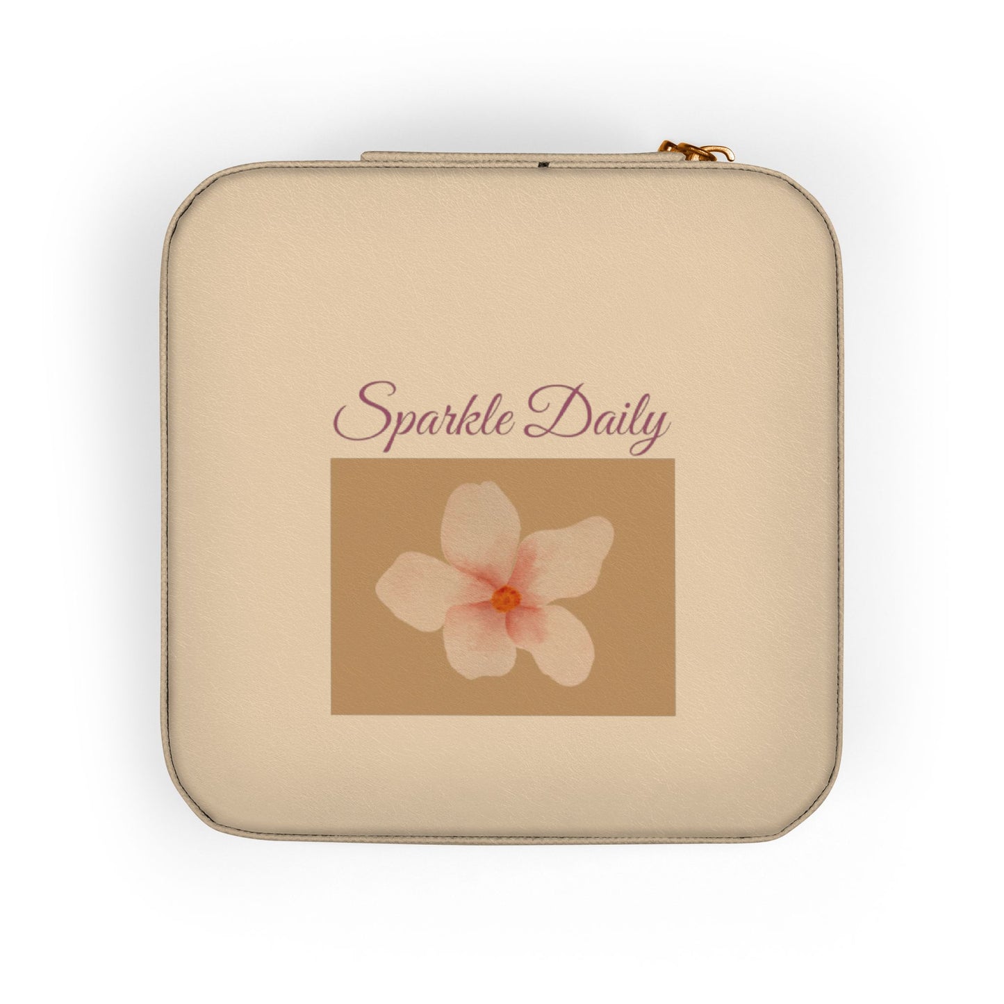 A beige zippered pouch with rounded corners, featuring the text 'Sparkle Daily' in a dusty rose script above a square graphic of a light pink flower on a tan background.