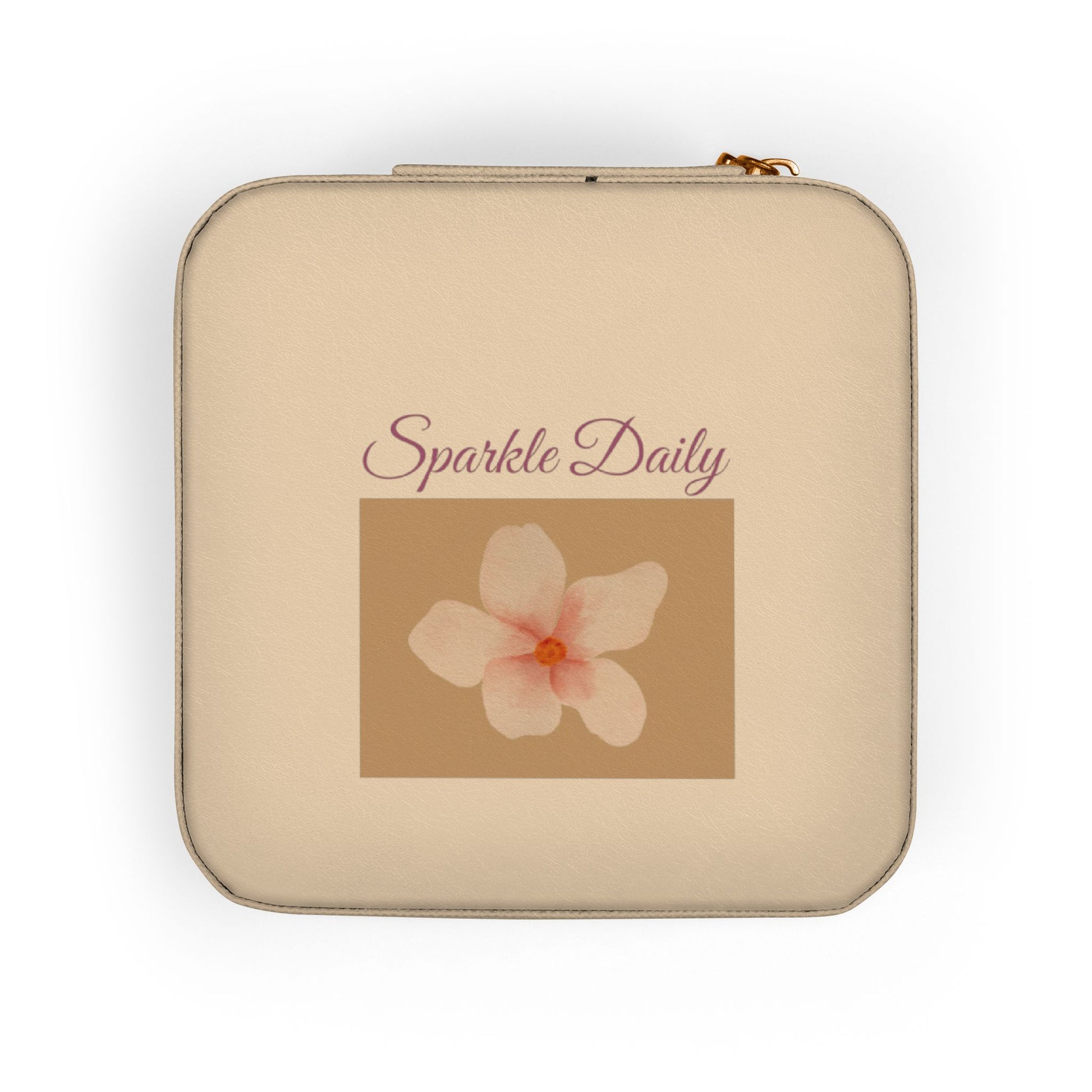 A beige zippered pouch with rounded corners, featuring the text 'Sparkle Daily' in a dusty rose script above a square graphic of a light pink flower on a tan background.