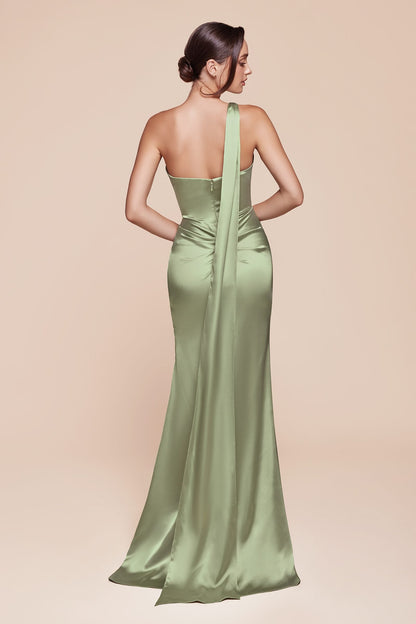 Woman wearing a green evening gown with a sheer back on a beige background