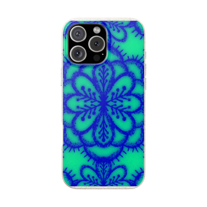 A phone case featuring a vibrant blue mandala pattern on a bright turquoise green background, shown on a plain white background.