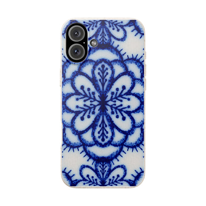 A phone case featuring a blue and white floral mandala pattern, shown on a plain white background.