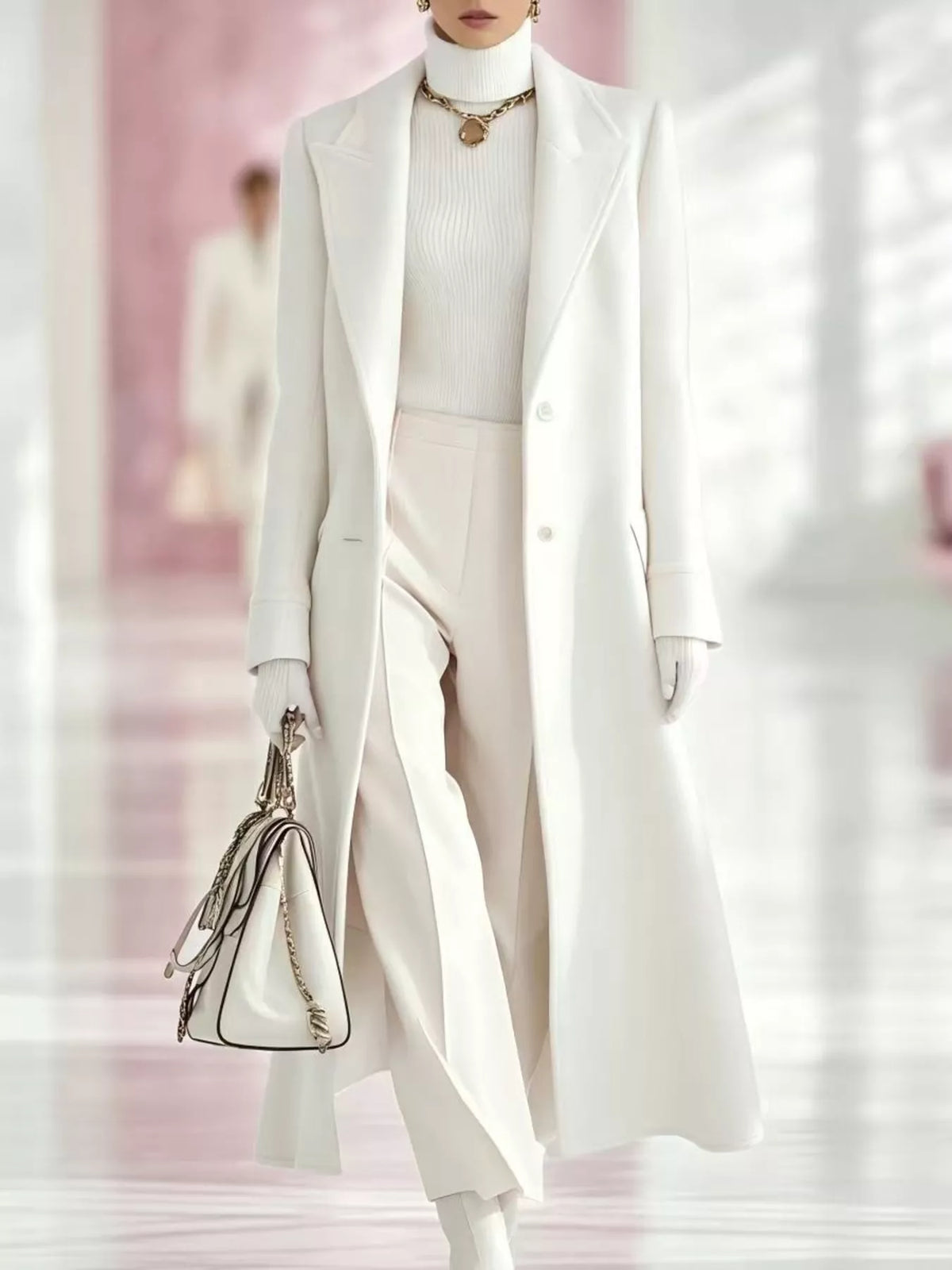Model wearing a white longline coat with a lapel collar and button front over a white turtleneck and white trousers.