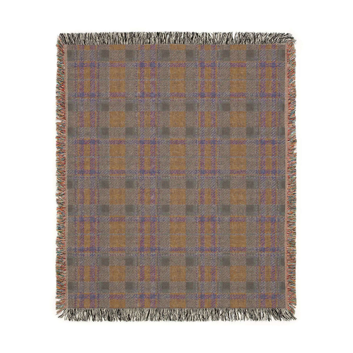 A square woven throw blanket with a plaid pattern in taupe, mustard yellow, and muted blue, finished with fringed edges on a plain white background.