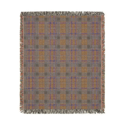 A square woven throw blanket with a plaid pattern in taupe, mustard yellow, and muted blue, finished with fringed edges on a plain white background.