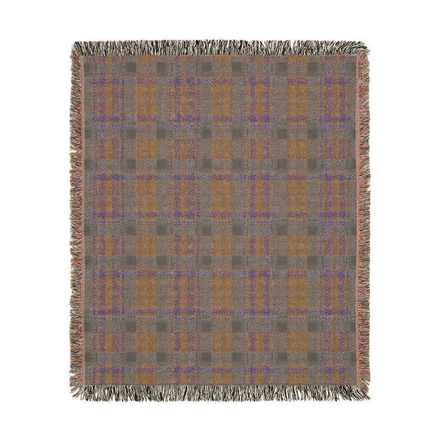 A square woven throw blanket with a plaid pattern in taupe, mustard yellow, and muted blue, finished with fringed edges on a plain white background.