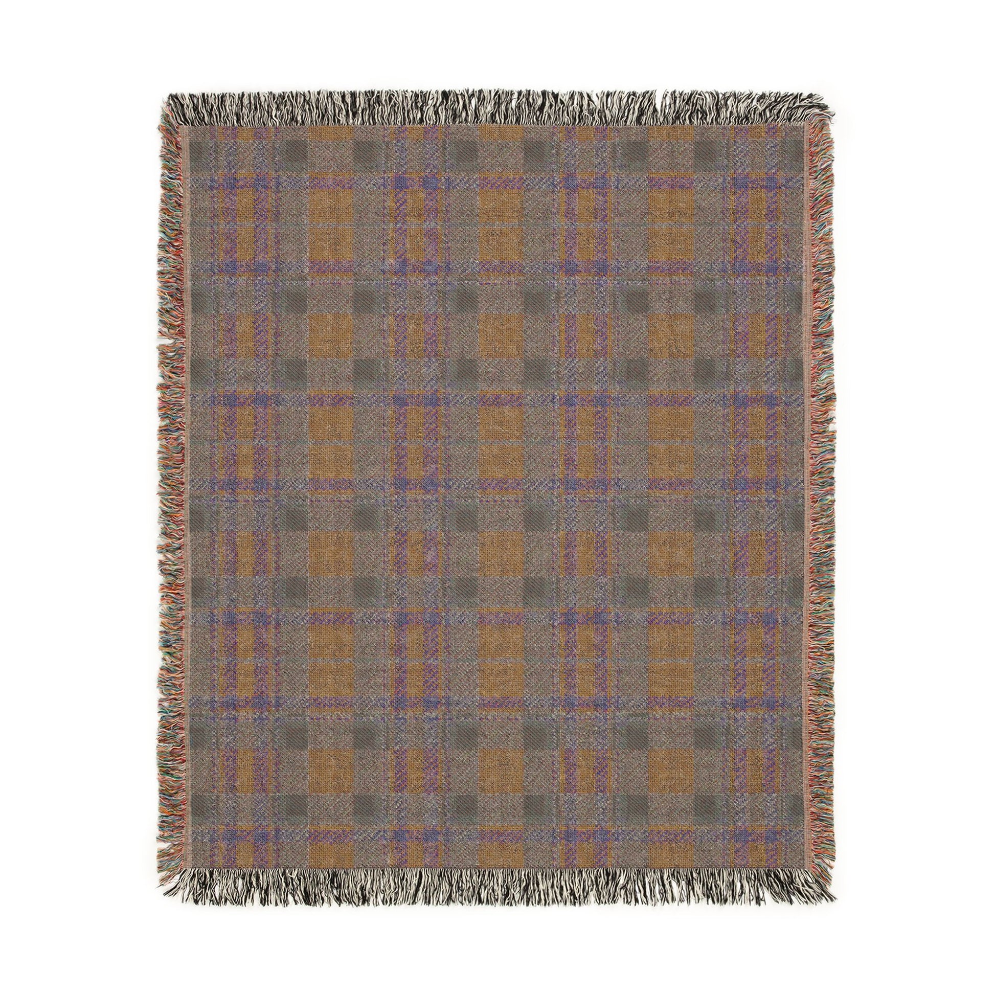 A square woven throw blanket with a plaid pattern in taupe, mustard yellow, and muted blue, finished with fringed edges on a plain white background.