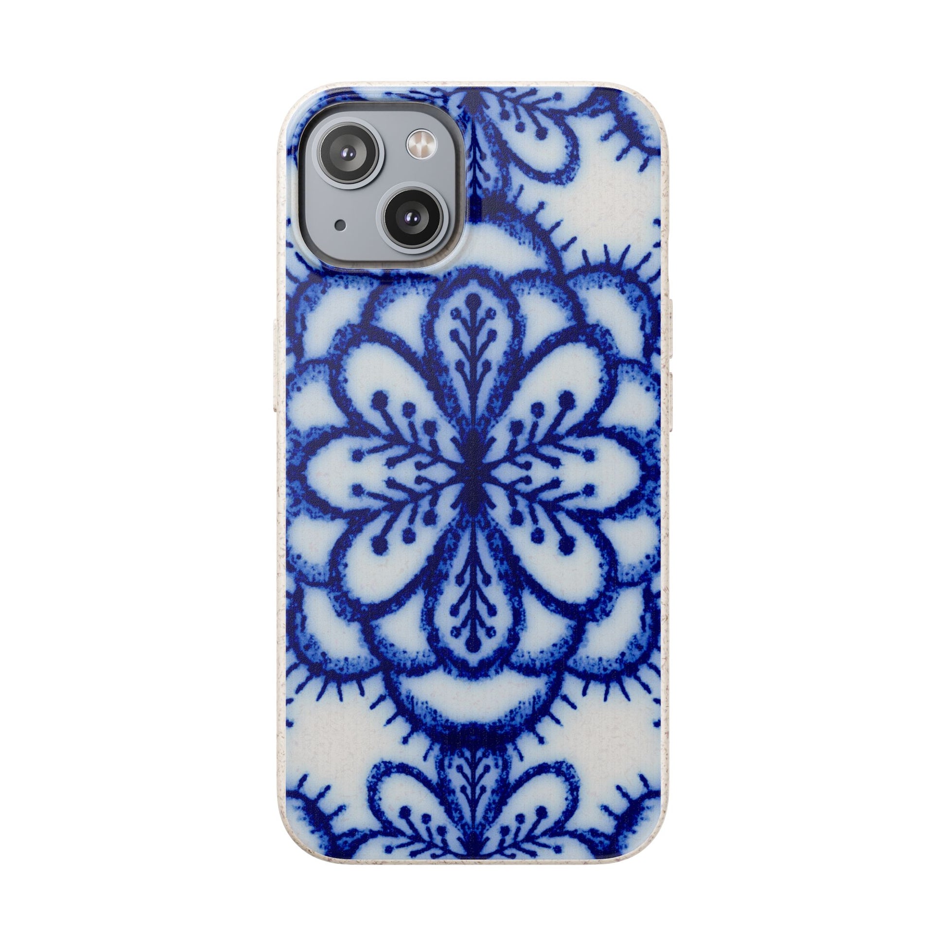 A protective phone case featuring a classic blue and white Portuguese azulejo tile pattern, shown on a plain white background.