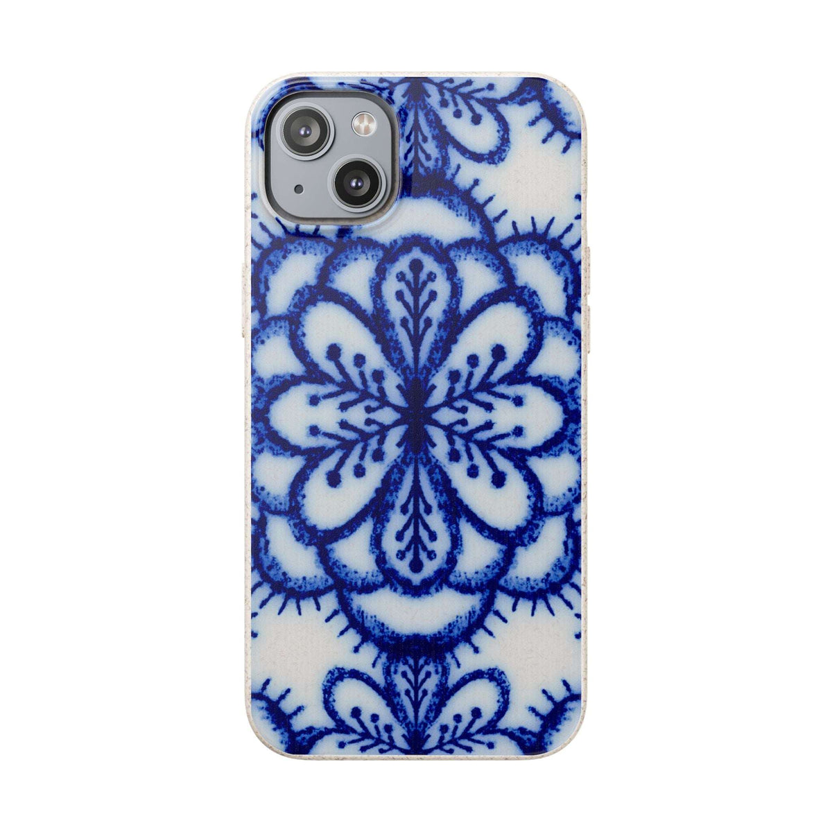 A phone case featuring a blue and white hand-painted style floral mandala pattern, shown on a plain white background.