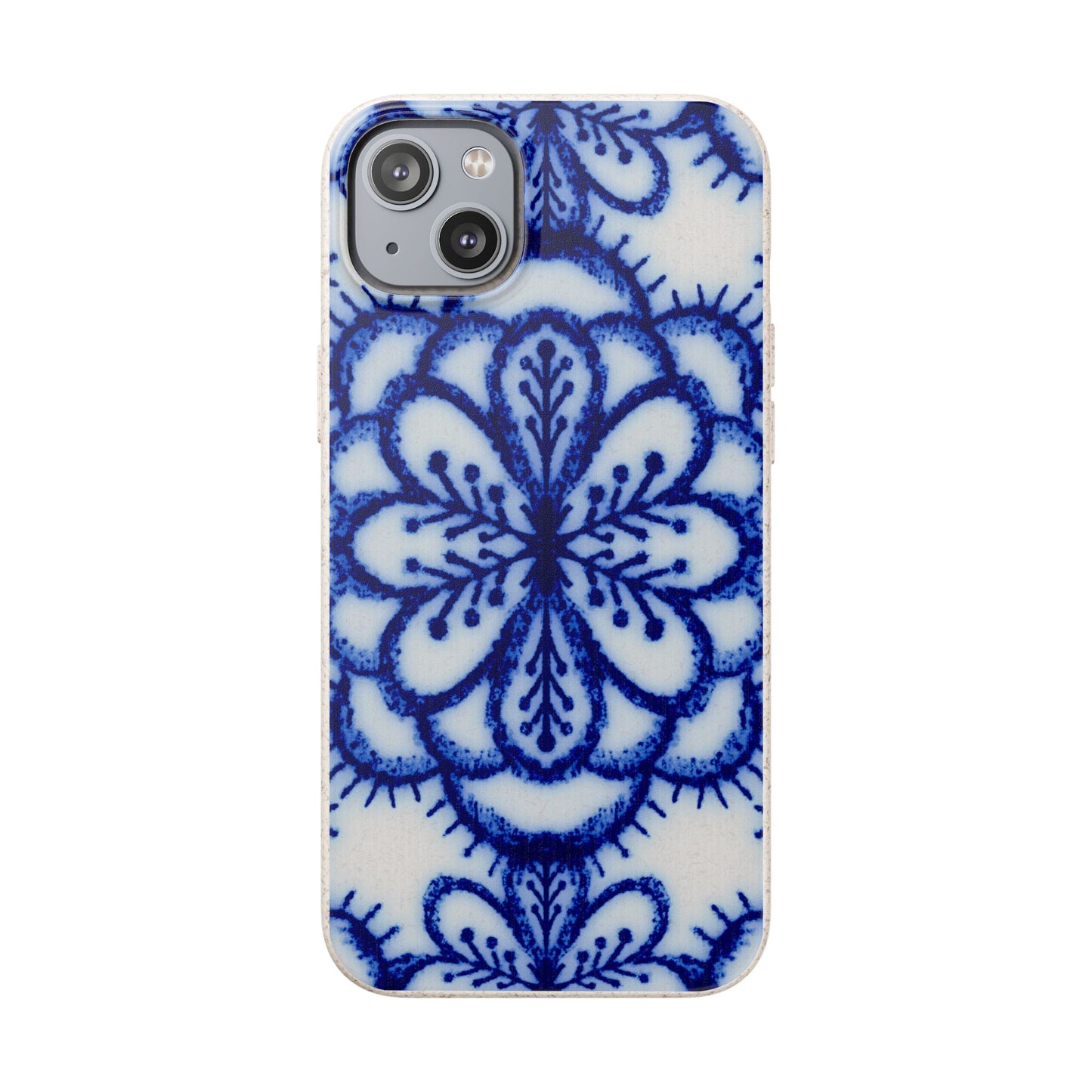 A phone case featuring a blue and white hand-painted style floral mandala pattern, shown on a plain white background.