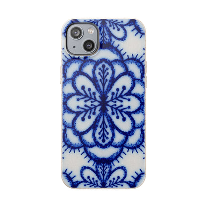 A phone case featuring a blue and white hand-painted style floral mandala pattern, shown on a plain white background.