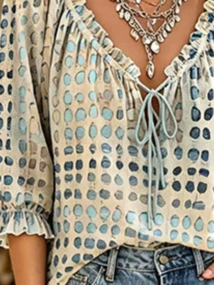 Any Season Tie Neck 3/4 Sleeve Blouse Misses and Plus Size