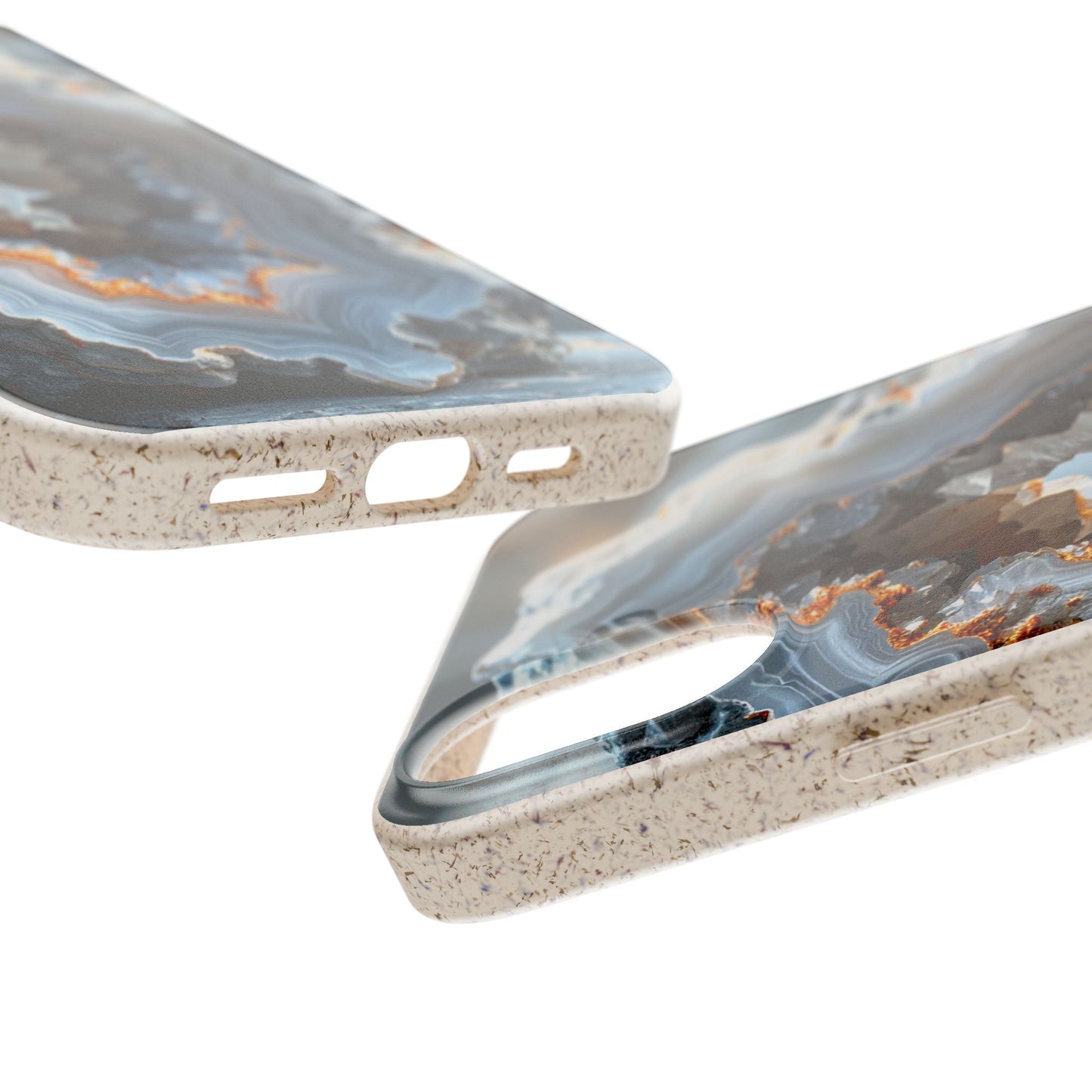 Two smartphone cases with a marbled agate-inspired design, featuring swirls of gray, blue, white, and brown with a speckled beige textured edge, shown on a white background.