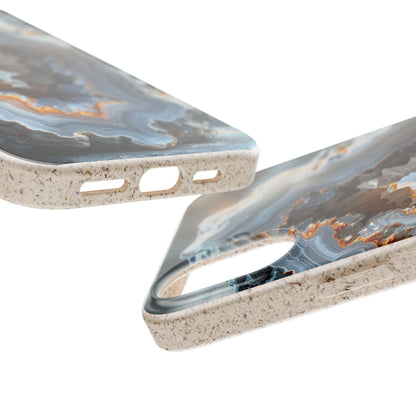 Two smartphone cases with a marbled agate-inspired design, featuring swirls of gray, blue, white, and brown with a speckled beige textured edge, shown on a white background.